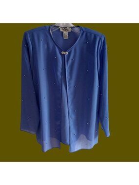 Patra Petite Womens Blue Beaded Long Sleeve Blouse Size Petite 8